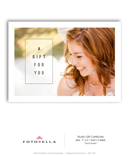 Photographer Gift Certificate - 5x7 Flat Gift Card Template - SOHO Studio - 1377