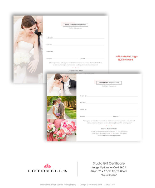 Photographer Gift Certificate - 5x7 Flat Gift Card Template - SOHO Studio - 1377