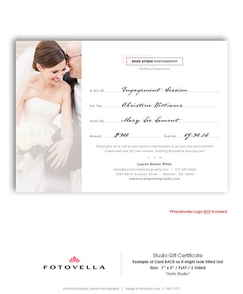 Photographer Gift Certificate - 5x7 Flat Gift Card Template - SOHO Studio - 1377