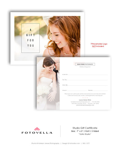 Photographer Gift Certificate - 5x7 Flat Gift Card Template - SOHO Studio - 1377