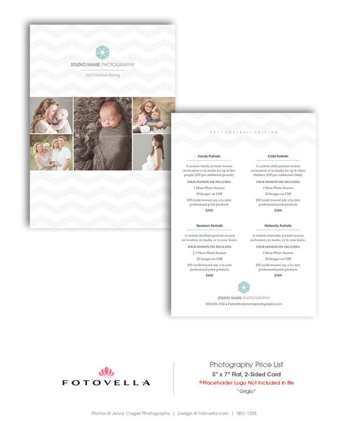 Photography Price List Template - 5x7 Flat Card Photoshop Template - GRIGIO  - 1255