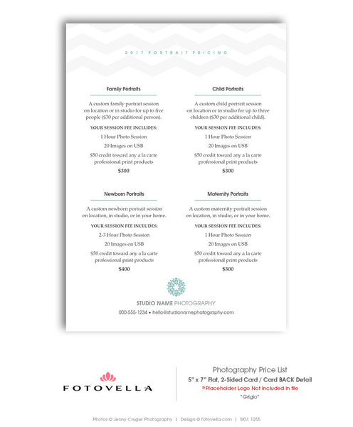 Photography Price List Template - 5x7 Flat Card Photoshop Template - GRIGIO  - 1255