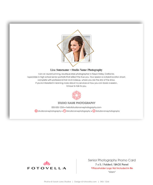 Senior Photography Marketing Card - Wide Format Folded 5x7 Card - "GLAM" - 1264