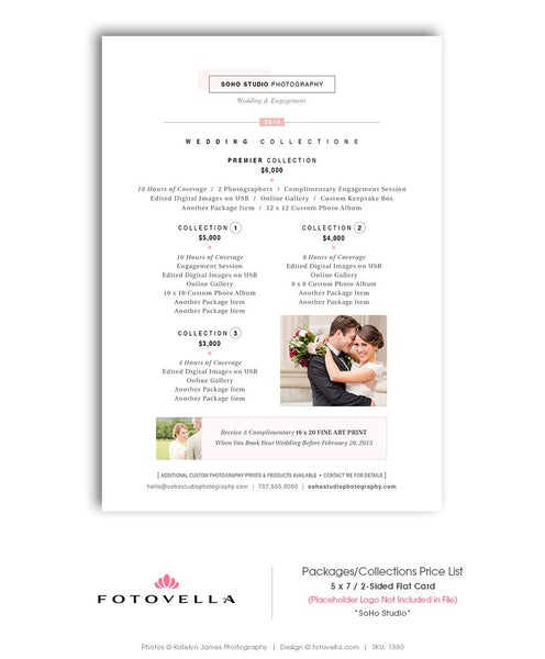 Wedding Photography Price List Template - Collections Price List - 5x7 - SOHO STUDIO - 1380