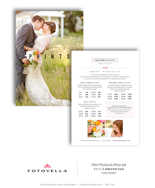 Photography Price List Template - Prints Price List - 5x7 - SOHO STUDIO - 1381
