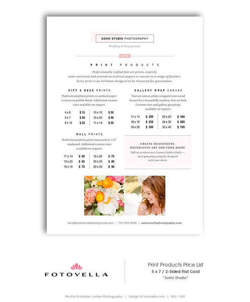 Photography Price List Template - Prints Price List - 5x7 - SOHO STUDIO - 1381