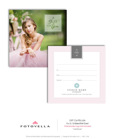 Photography Gift Certificate Template - 5x5 Photoshop Template - 1196