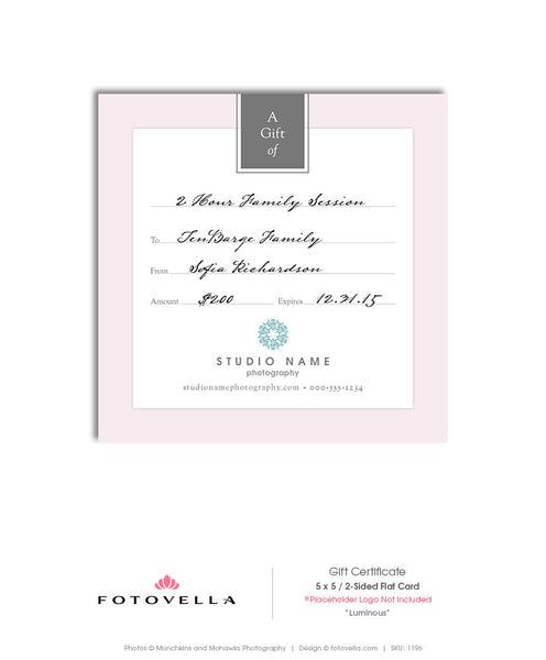 Photography Gift Certificate Template - 5x5 Photoshop Template - 1196