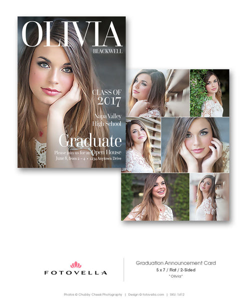Senior Graduation Announcement Card - Graduation Open House - 5x7 Flat Card - For Photographers - Photoshop Required - OLIVIA - 1412