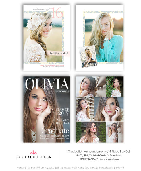 Senior Graduation Announcement Card - Senior Photography Template - 4 Pack Bundle - For Photographers - Photoshop Required - 1418