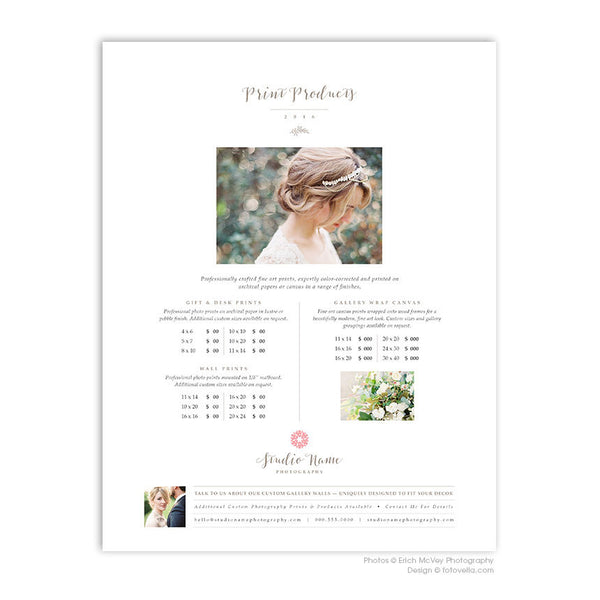 Wedding Photography Price List Templates - Four Page Pricing Guide - Packages, Prints, Albums + Cover - 8.5 x 11 - BLISS - 1503