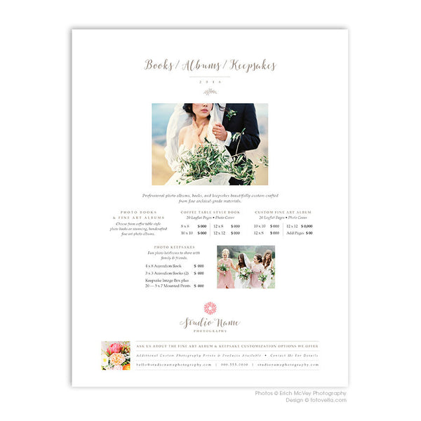 Wedding Photography Price List Templates - Four Page Pricing Guide - Packages, Prints, Albums + Cover - 8.5 x 11 - BLISS - 1503