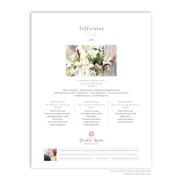 Wedding Photography Price List Templates - Four Page Pricing Guide - Packages, Prints, Albums + Cover - 8.5 x 11 - BLISS - 1503