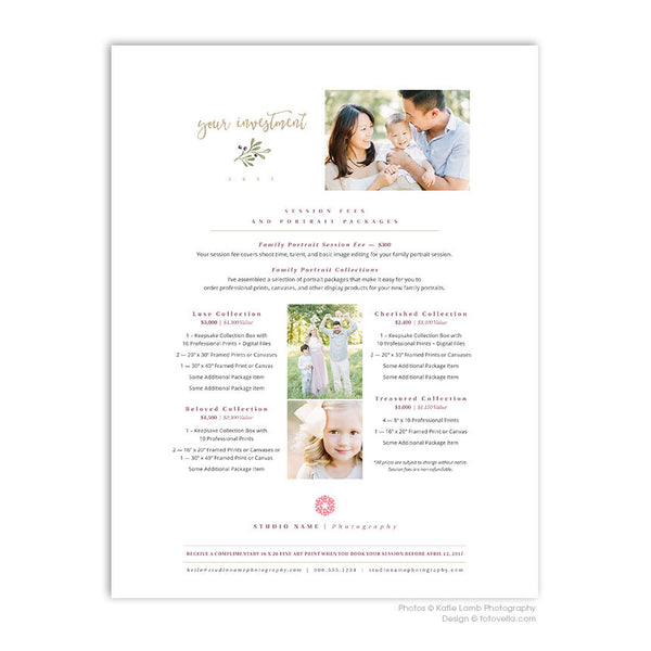 Photography Price List Templates - Portrait Photographer Pricing Guide - 4 Page Set - JOY - 1514