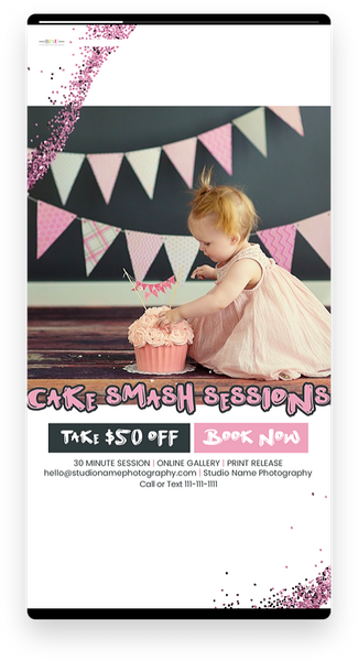 Cake Smash Sessions Marketing Templates for Photographers | Cake Smash Photography Mini Session Templates | PSD Templates