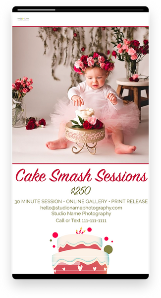 Cake Smash Sessions Marketing Templates for Photographers | Cake Smash Photography Mini Session Templates | PSD Templates