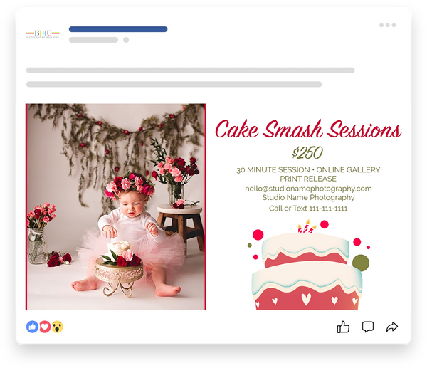 Cake Smash Sessions Marketing Templates for Photographers | Cake Smash Photography Mini Session Templates | PSD Templates