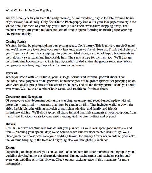 Wedding and Engagement Photography Prewritten Content Bundle: Prewritten Text for your Website, Newsletter, Emails + Blog!